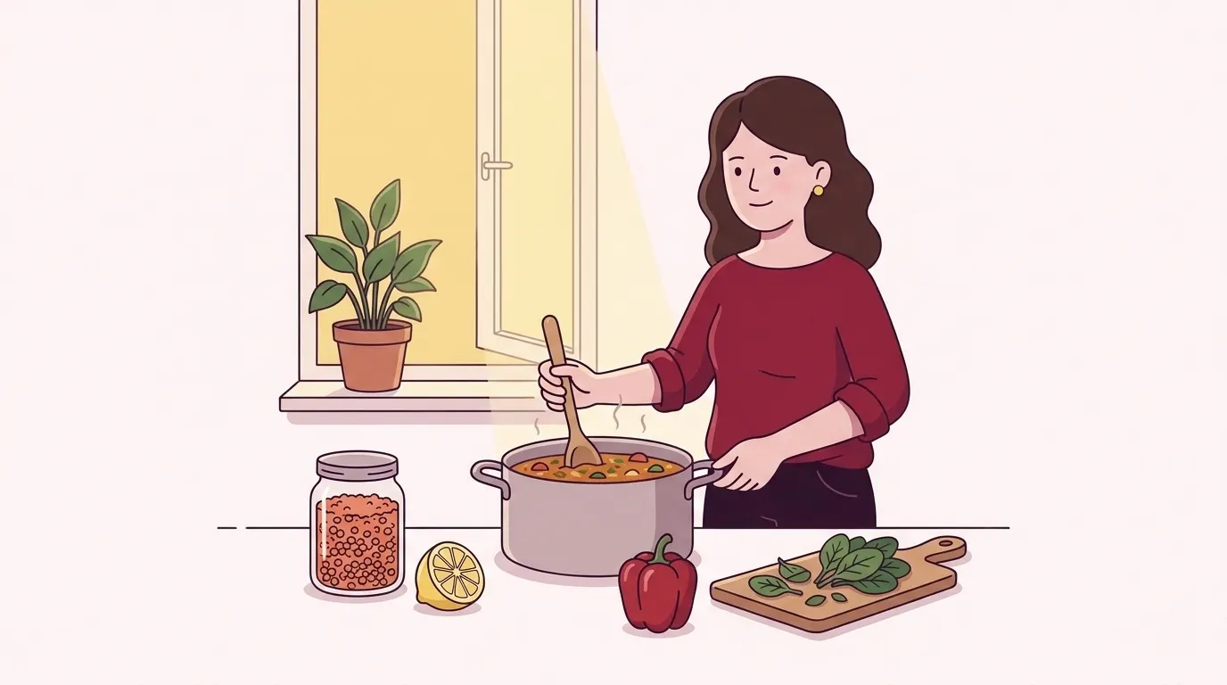 Sanne roert in een pan linzensoep. Op het aanrecht staan een pot rode linzen, een citroen, een paprika en spinazie.