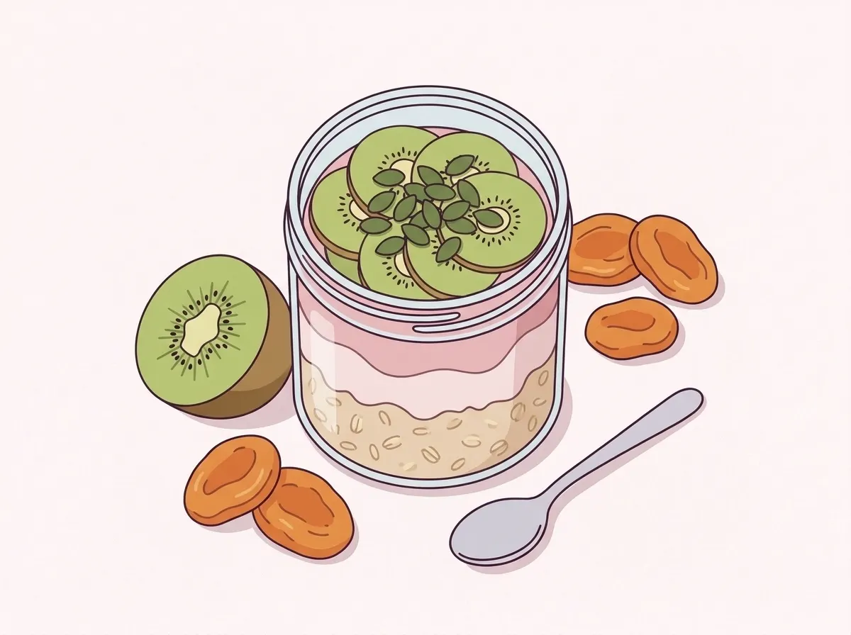 Een glazen pot havermout met yoghurt, bovenop plakjes kiwi en pompoenpitten. Ernaast een halve kiwi en gedroogde abrikozen.