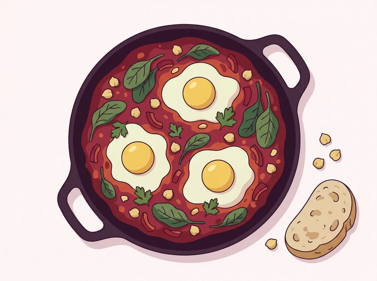 Een gietijzeren pan met tomatensaus, kikkererwten, spinazie en drie gepocheerde eieren. Ernaast een stuk brood.