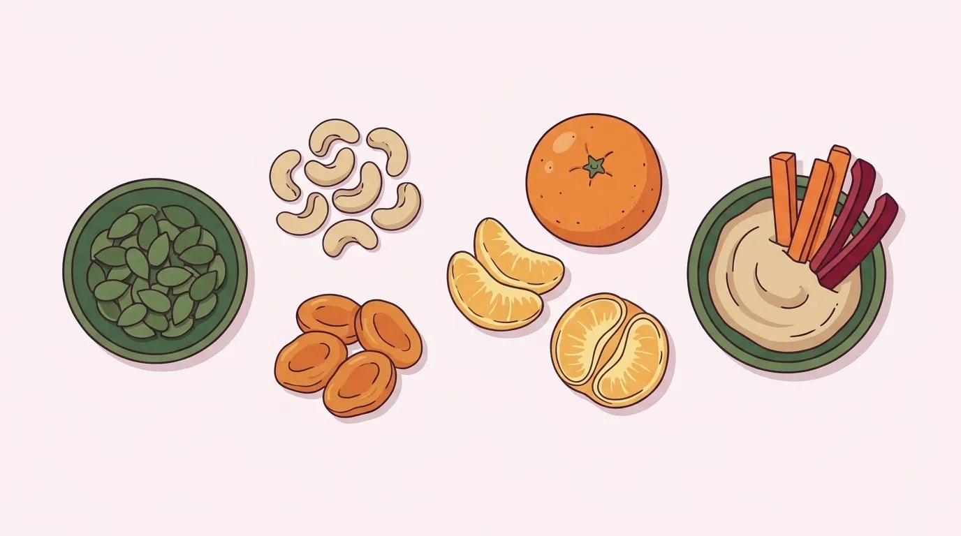 Een bakje pompoenpitten, cashewnoten, gedroogde abrikozen, mandarijnen en hummus met reepjes wortel en paprika.