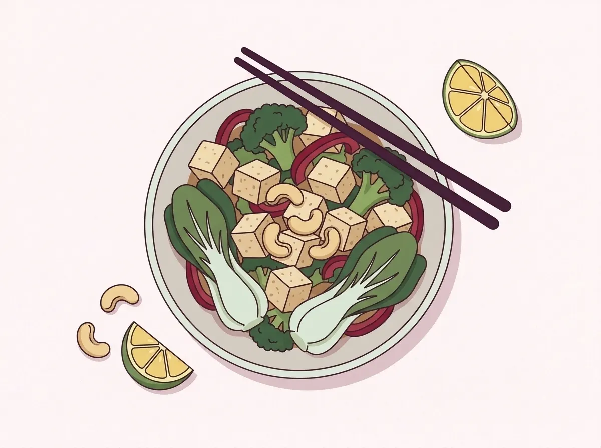 Een kom met gebakken tofu, broccoli, paksoi en rode paprika, met cashewnoten en eetstokjes. Ernaast een partje limoen.