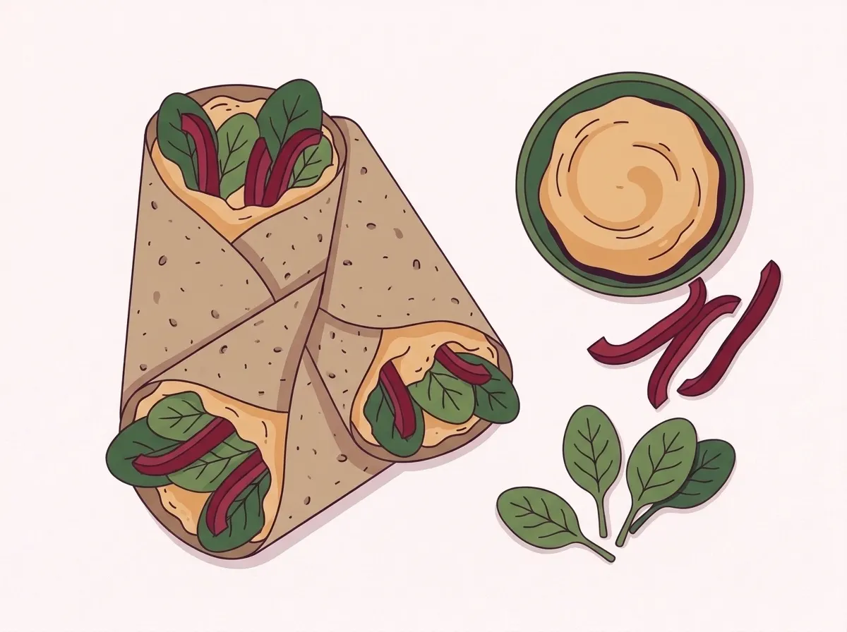 Een volkorenwrap, schuin doorgesneden, gevuld met hummus, spinazie en reepjes rode paprika. Ernaast een bakje hummus.